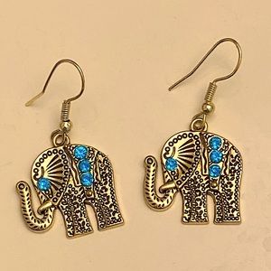 Yellow Gold Elephant Dangle Earrings With Blue Stones & Rubber Safety Backs